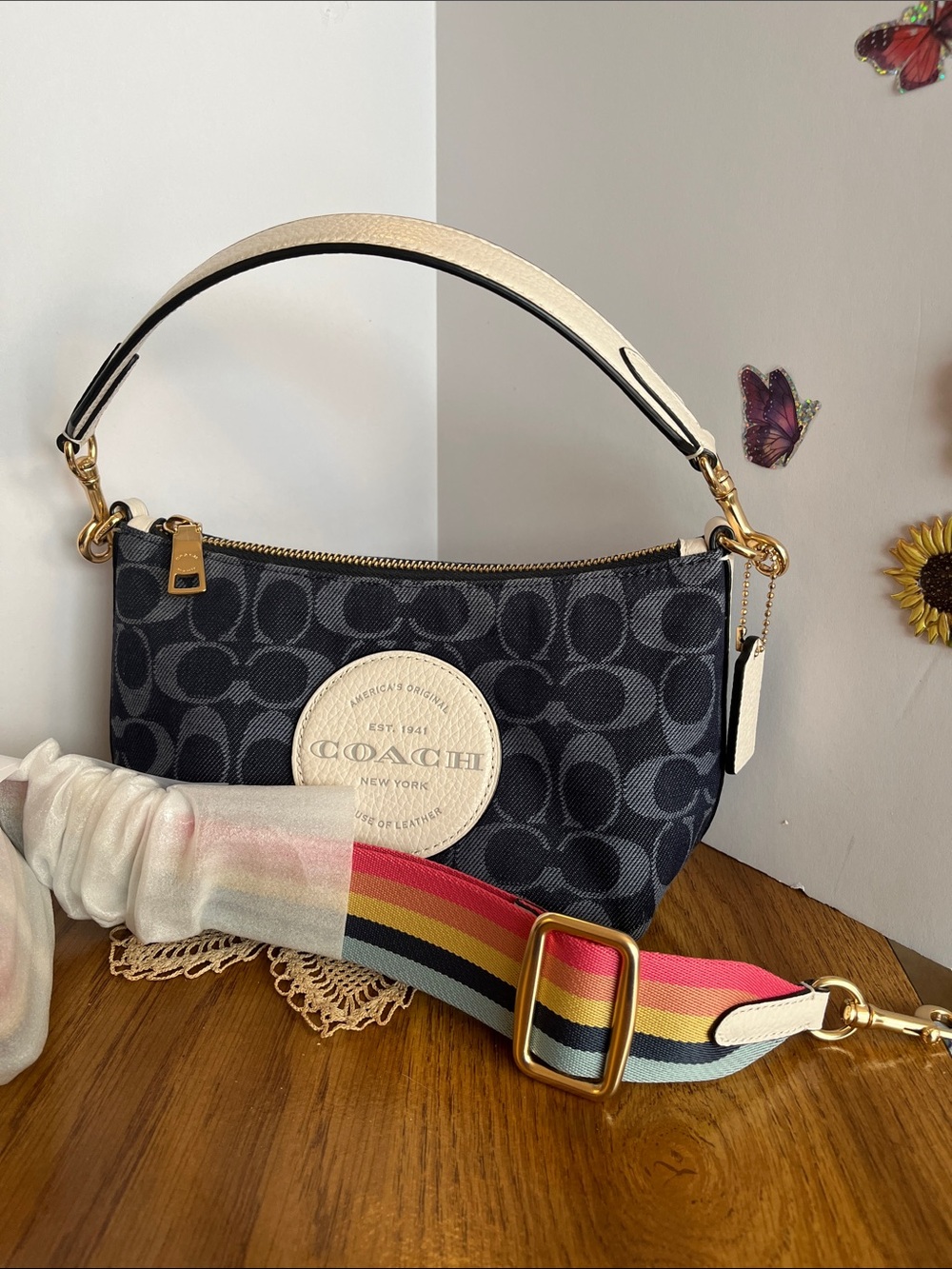 Coach Blue Denim Dempsey Signature Canvas Shoulder Bag with Cream Leather Trim